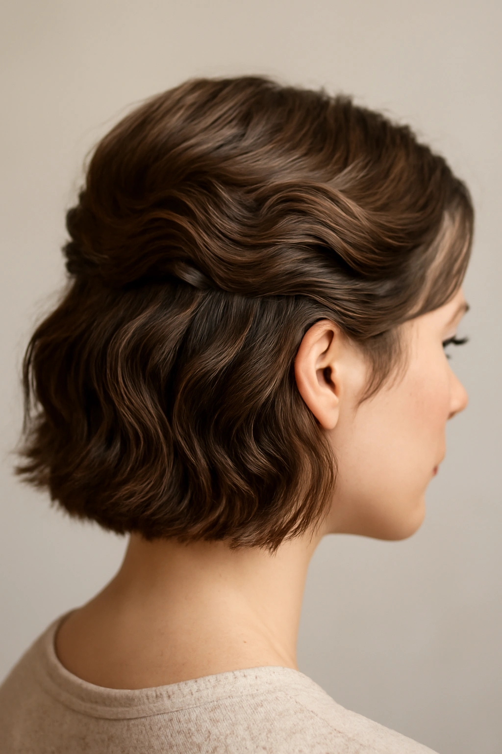 Close-up of short hair showing curved pin-wave half-up style with left-down hair.