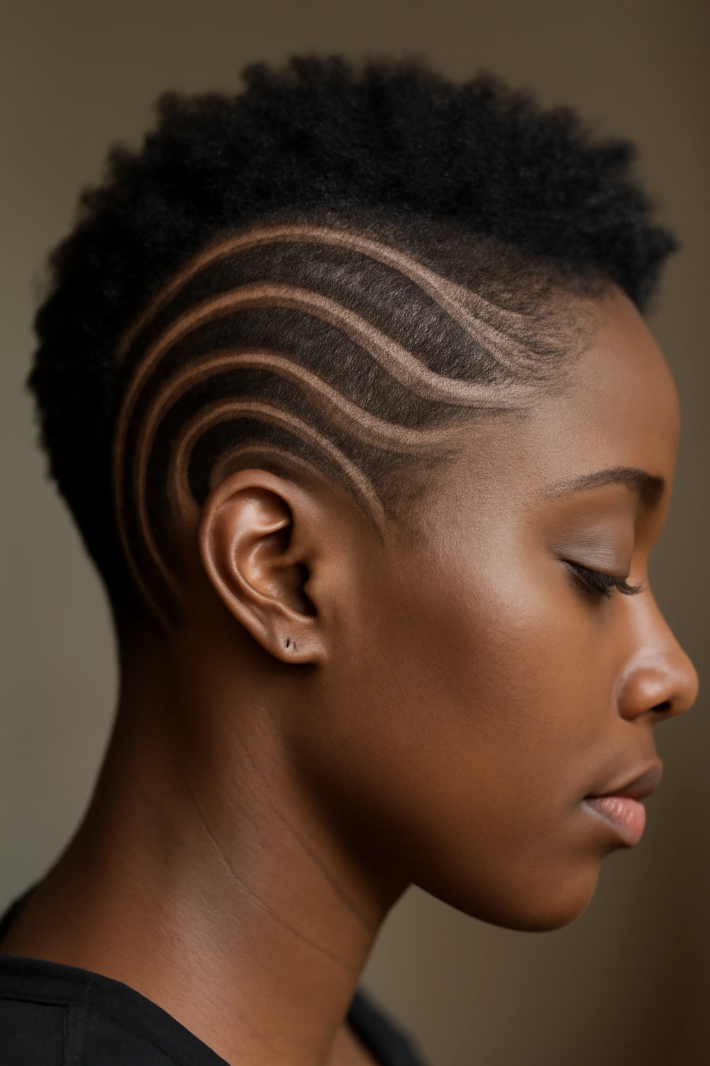 Close-up curved line designs along scalp