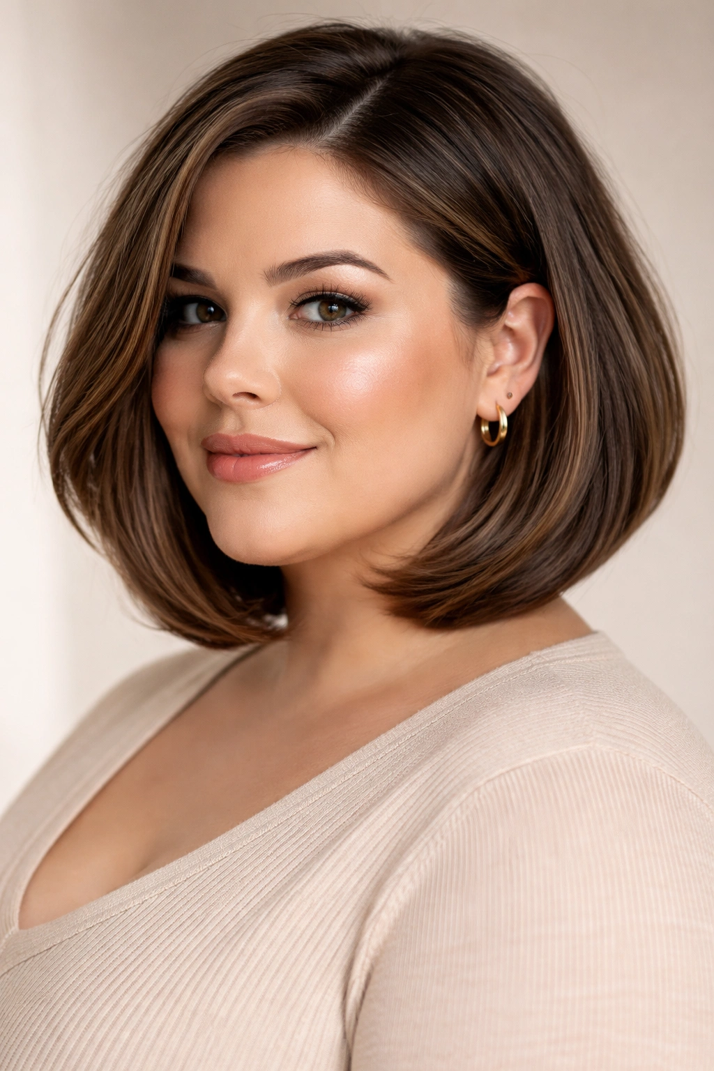 Curved lob haircut with inward curve along the jaw in a studio portrait