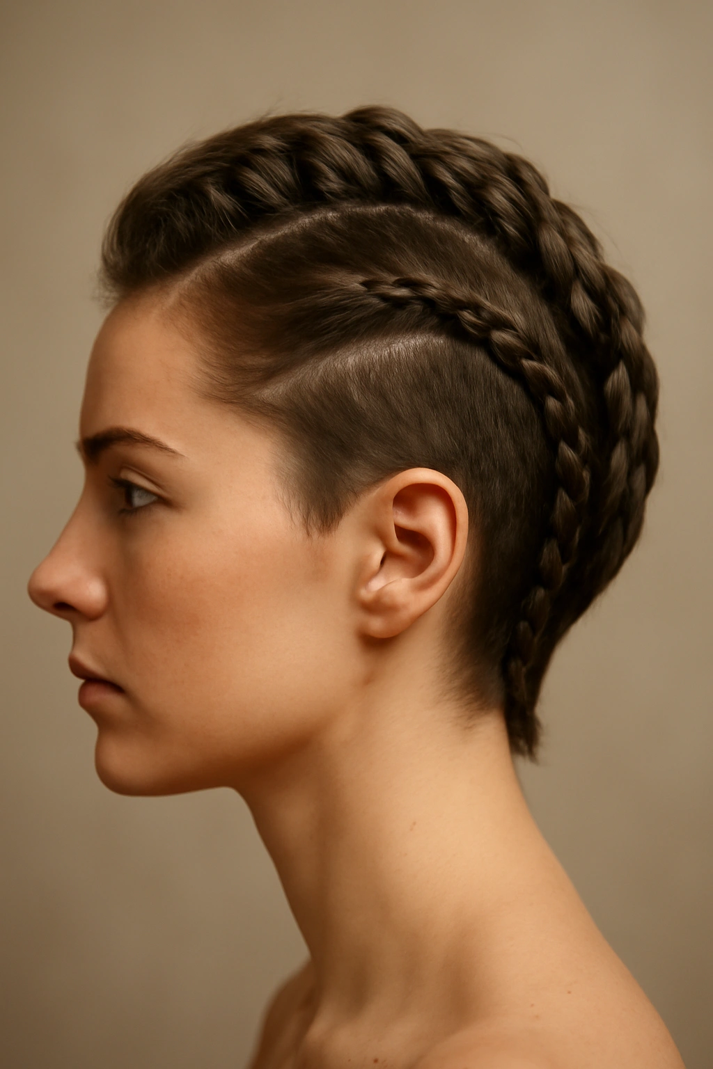 Curved mohawk braid tracing an S-curve along the scalp