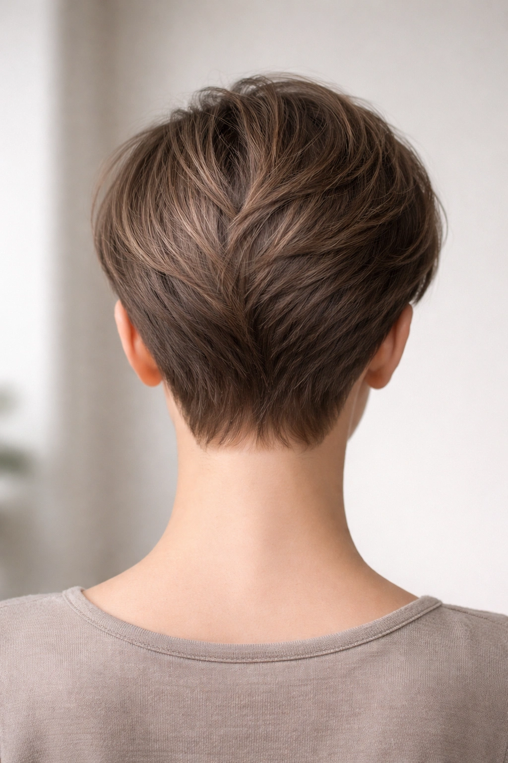 Back view of a curved pixie with rounded crown and curved nape