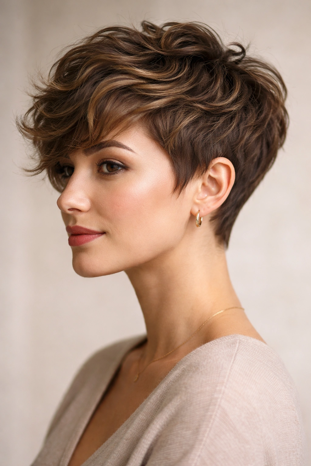 Curved pixie with textured crown and voluminous wave-friendly crown