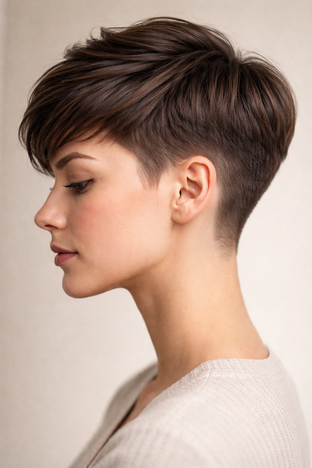 Profile view of curved pixie with soft fade
