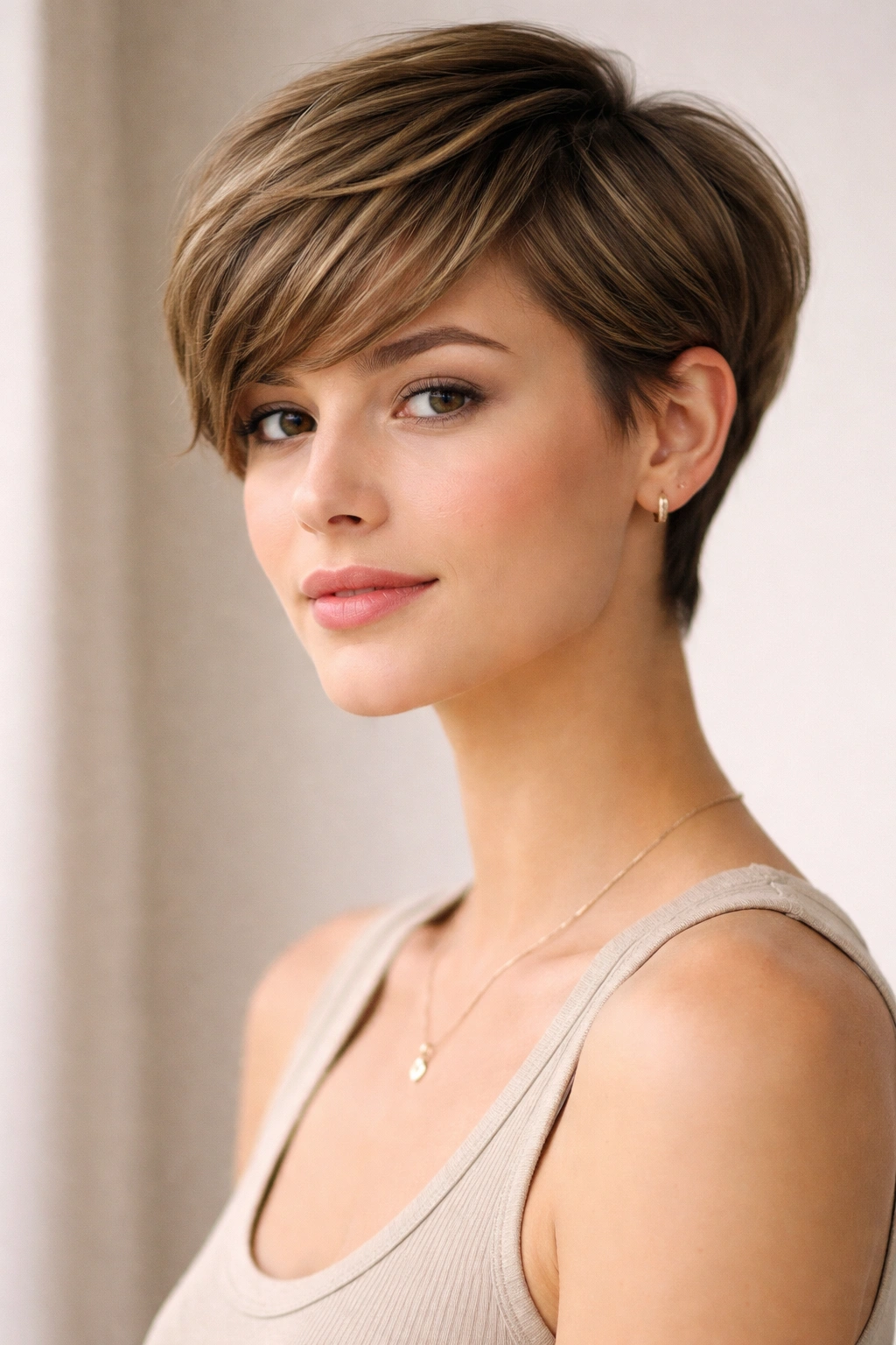 Close-up of a curved pixie hairstyle with soft, flowing layers
