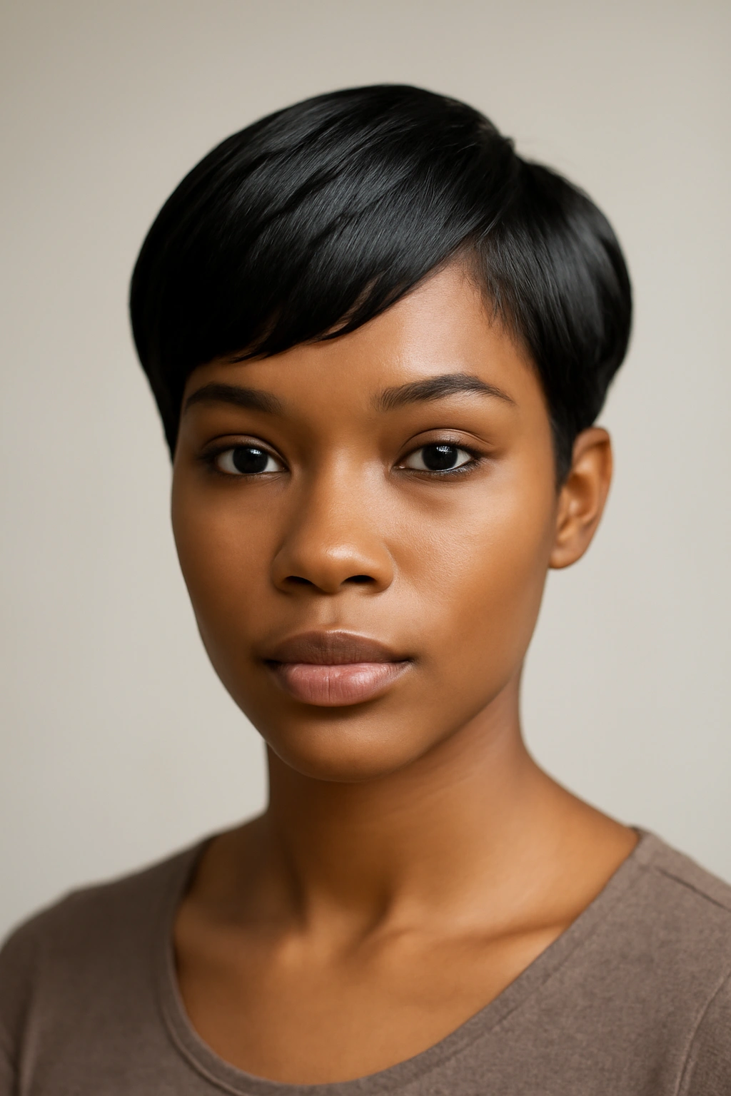 Close-up portrait of The Sleek Curved Pixie showing soft rounded edges and short tapering sides in a studio setting.