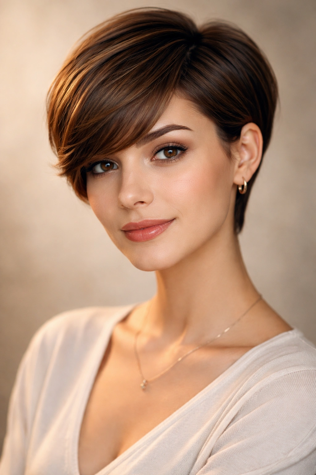 Portrait of a person with curved pixie and side-parted bangs