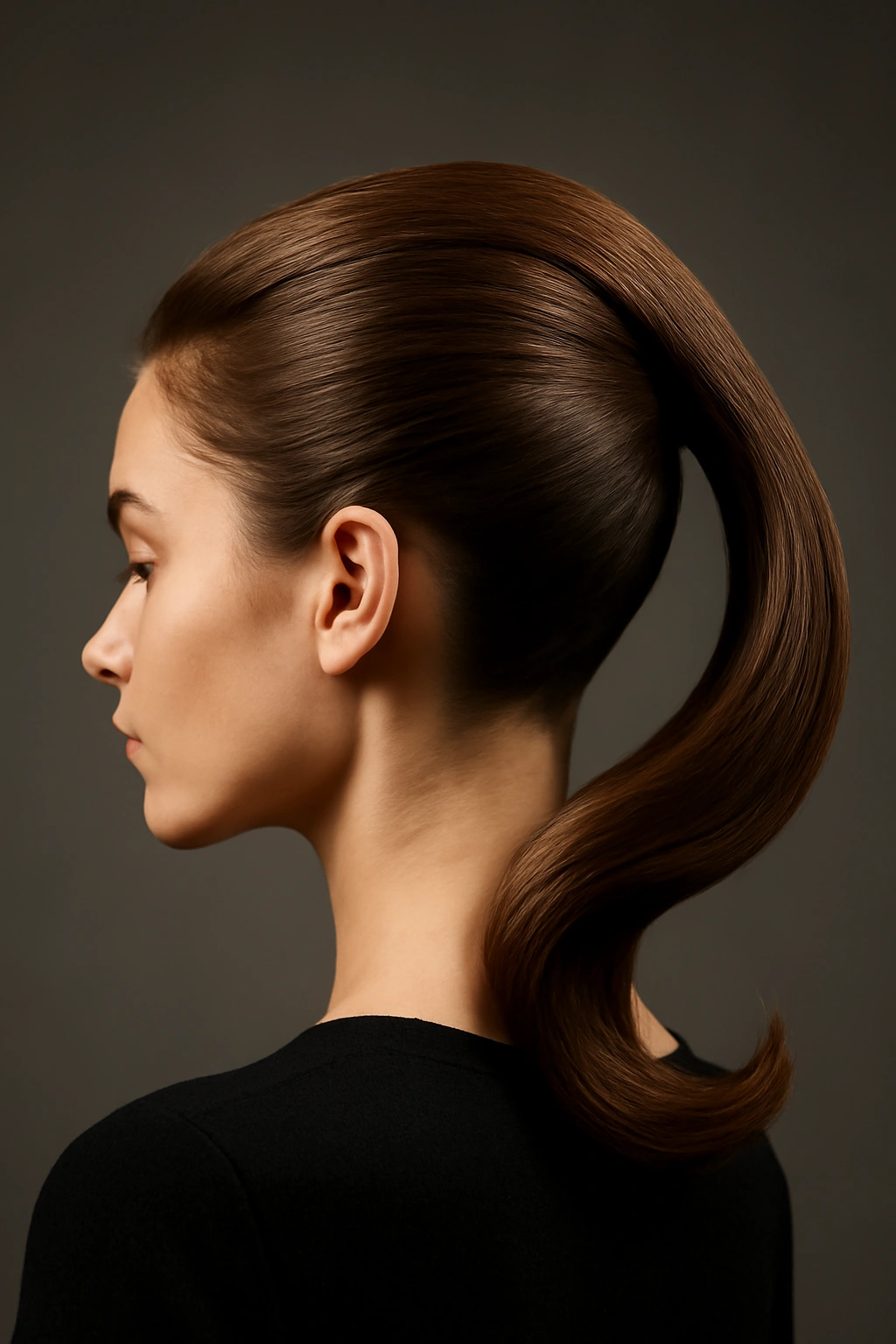 Profile of a sculpted curved ponytail forming a dramatic silhouette