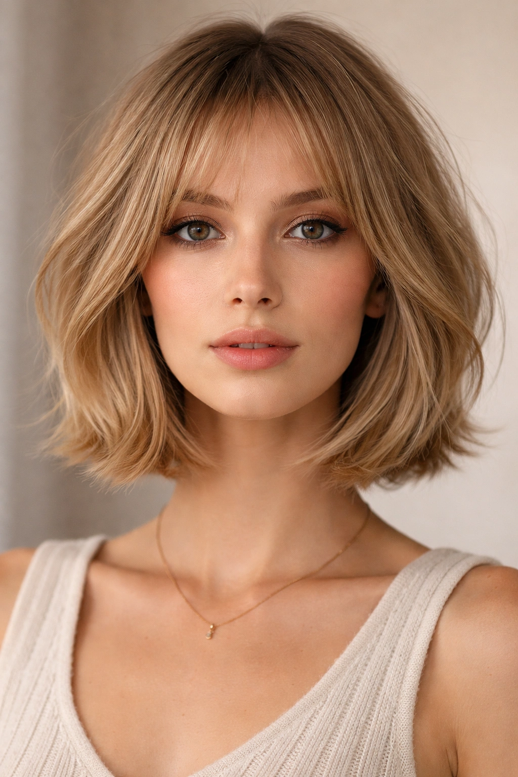 Long-faced model with curved shag bob and fine hair