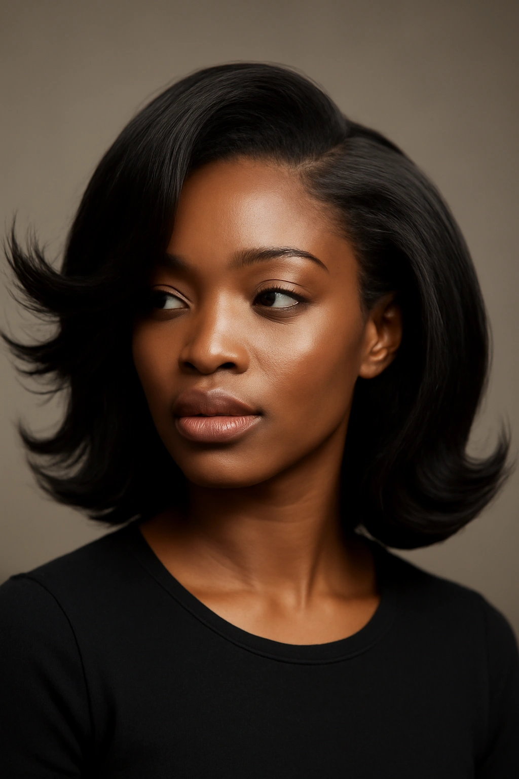 Portrait of The Curved Side-Part Flip with curved part and dramatic outward flips on a Black woman