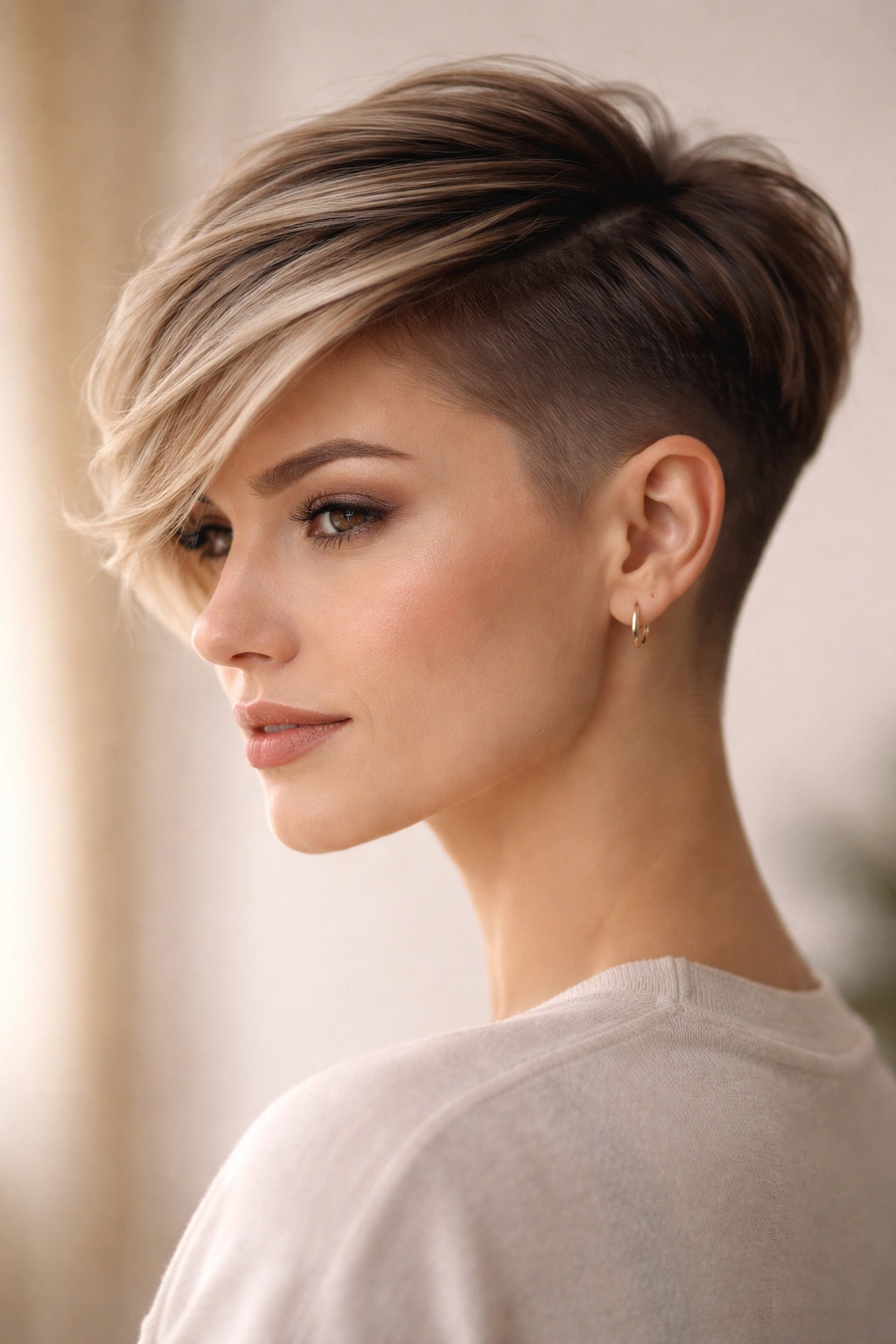 Close-up portrait of curved undercut pixie with rounded edges and arc top in studio lighting