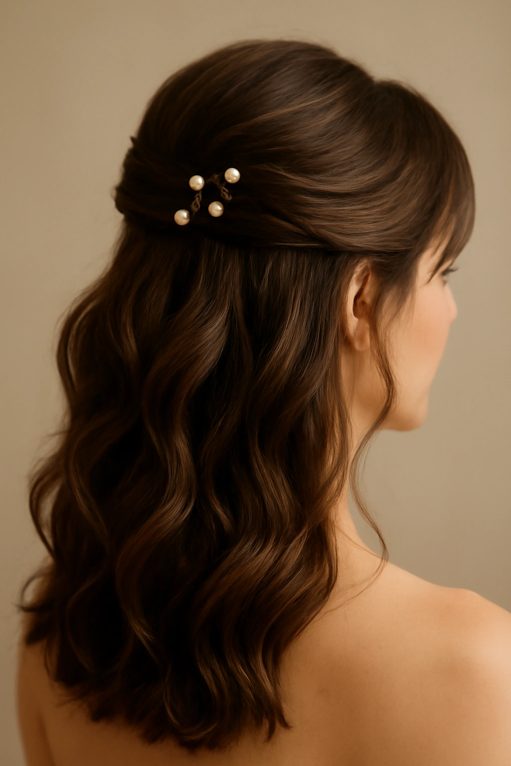Soft curved waves with visible pins securing the half up style