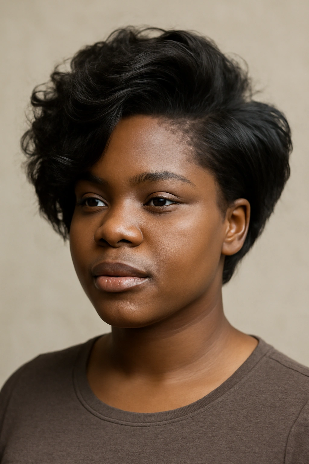 Portrait of a Black woman with a curvy lob and voluminous top