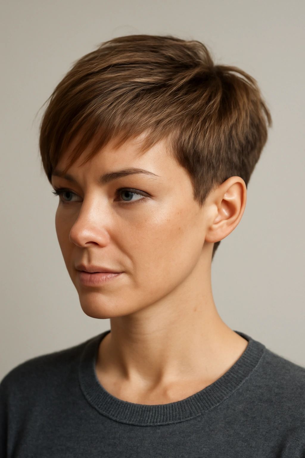 Close-up portrait of a person with a custom blended pixie haircut showing asymmetric lengths