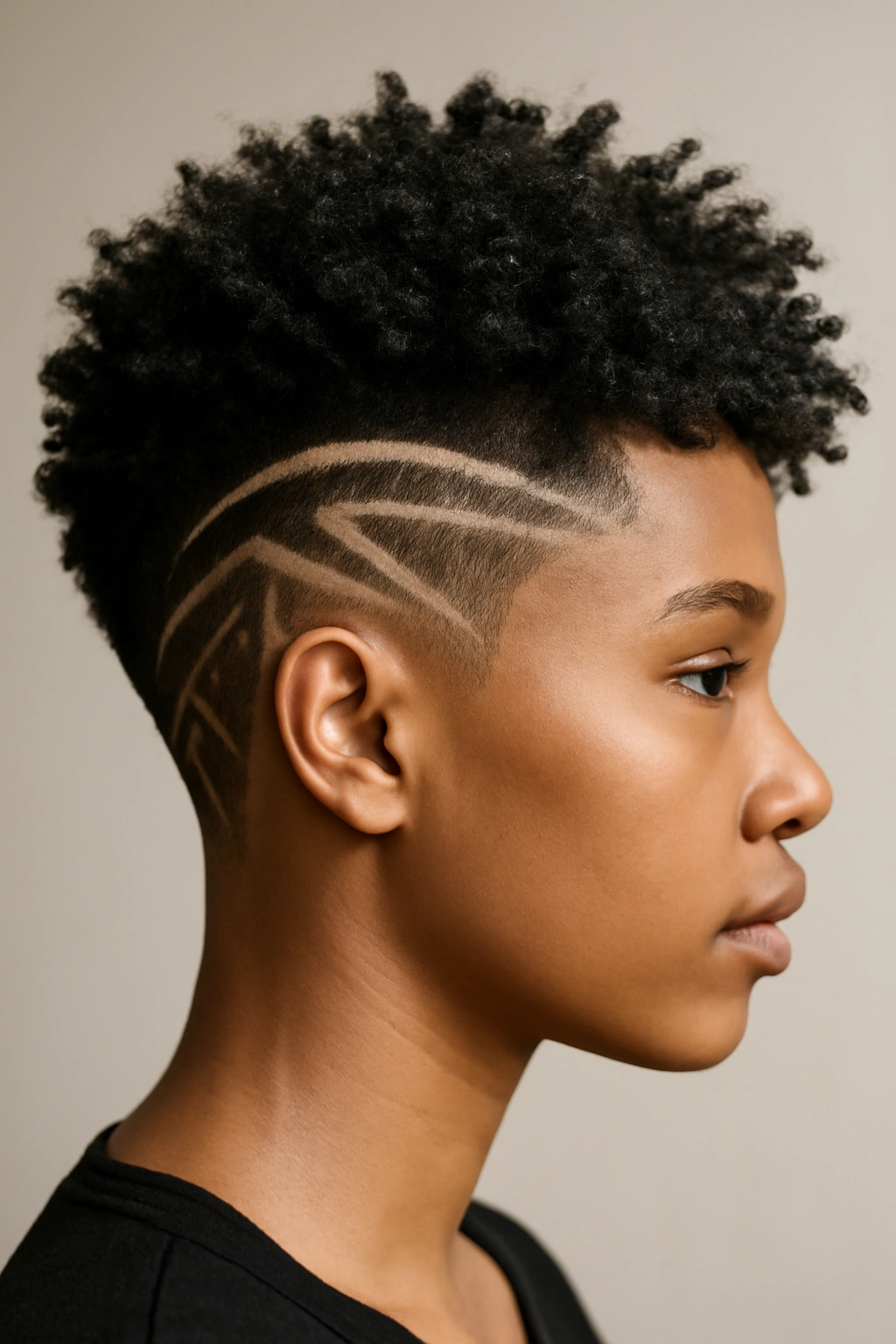 Side profile showing shaved pattern on the sides with curls on top.