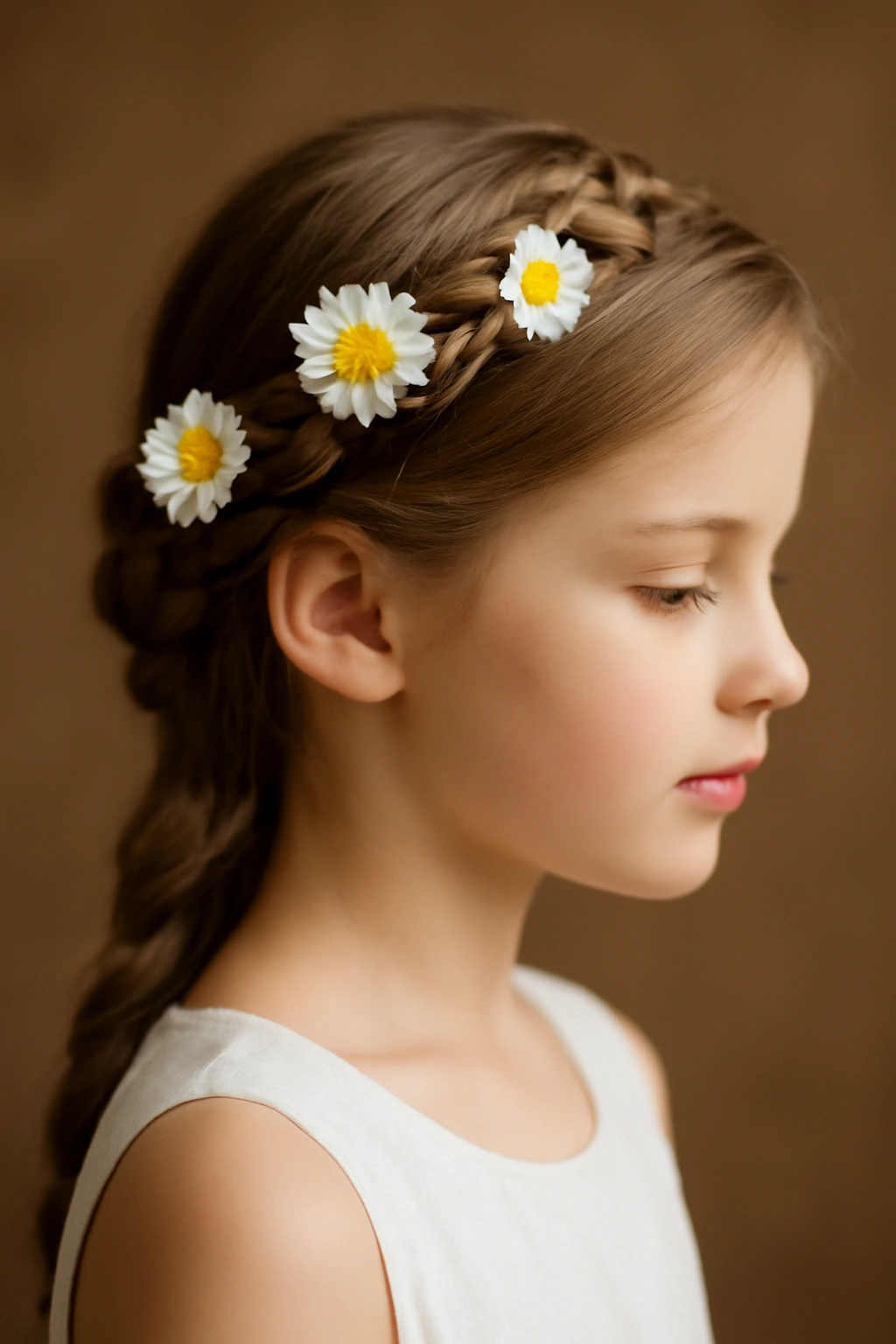 Close-up of a flower girl wearing a daisy-chain Dutch braid crown around her head