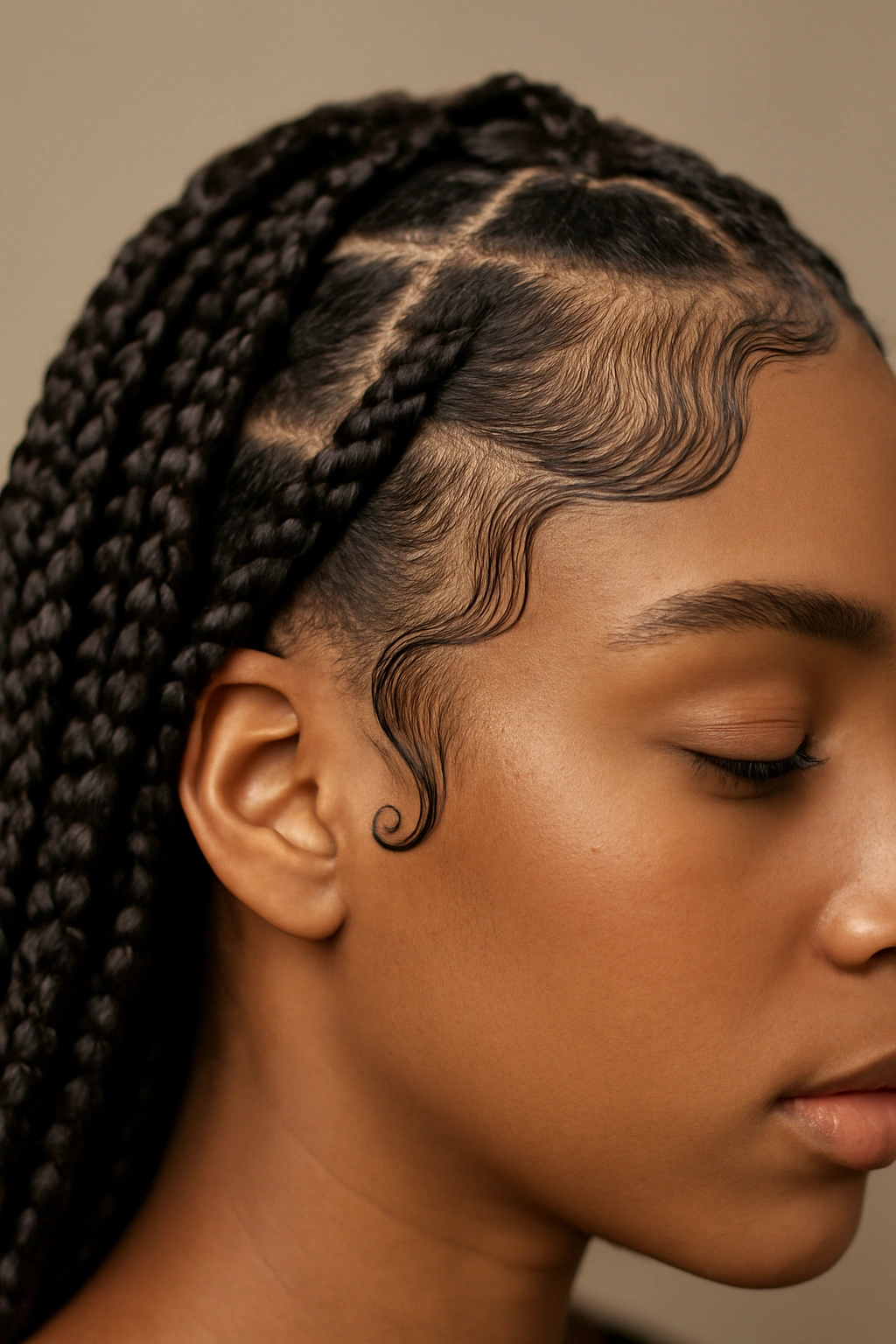 Decorative edges on box braids framing the hairline