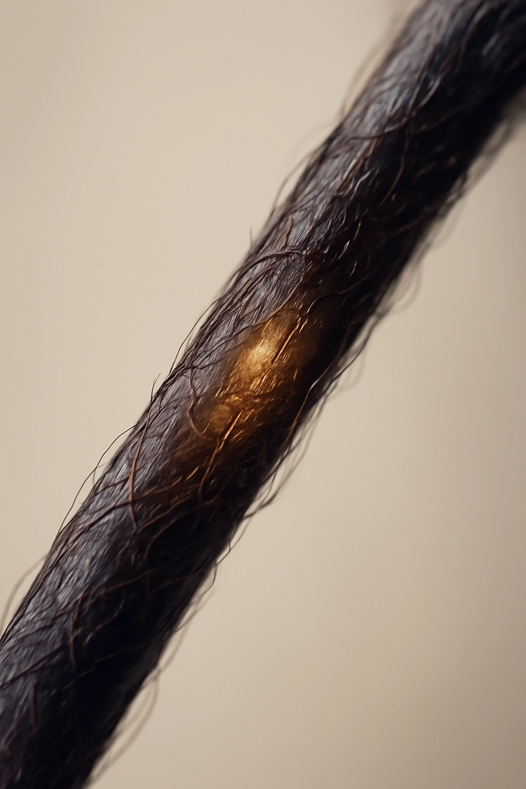 Macro shot of a hydrated hair strand showing internal moisture