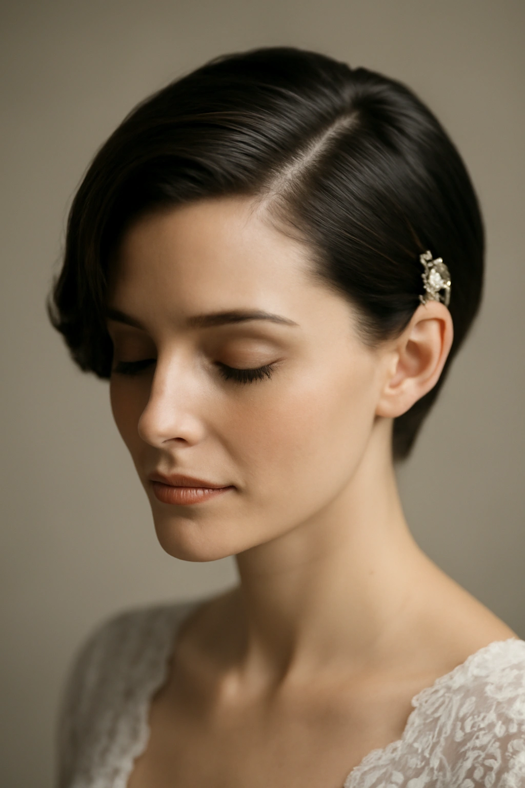 Short hair with a deep side part and a decorative accessory on the exposed side.