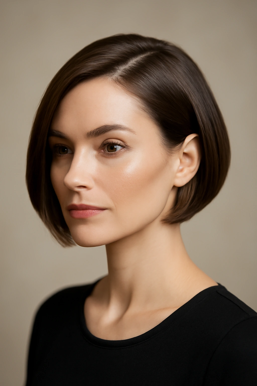 Chin-length bob with a deep side part, sleek and elegant