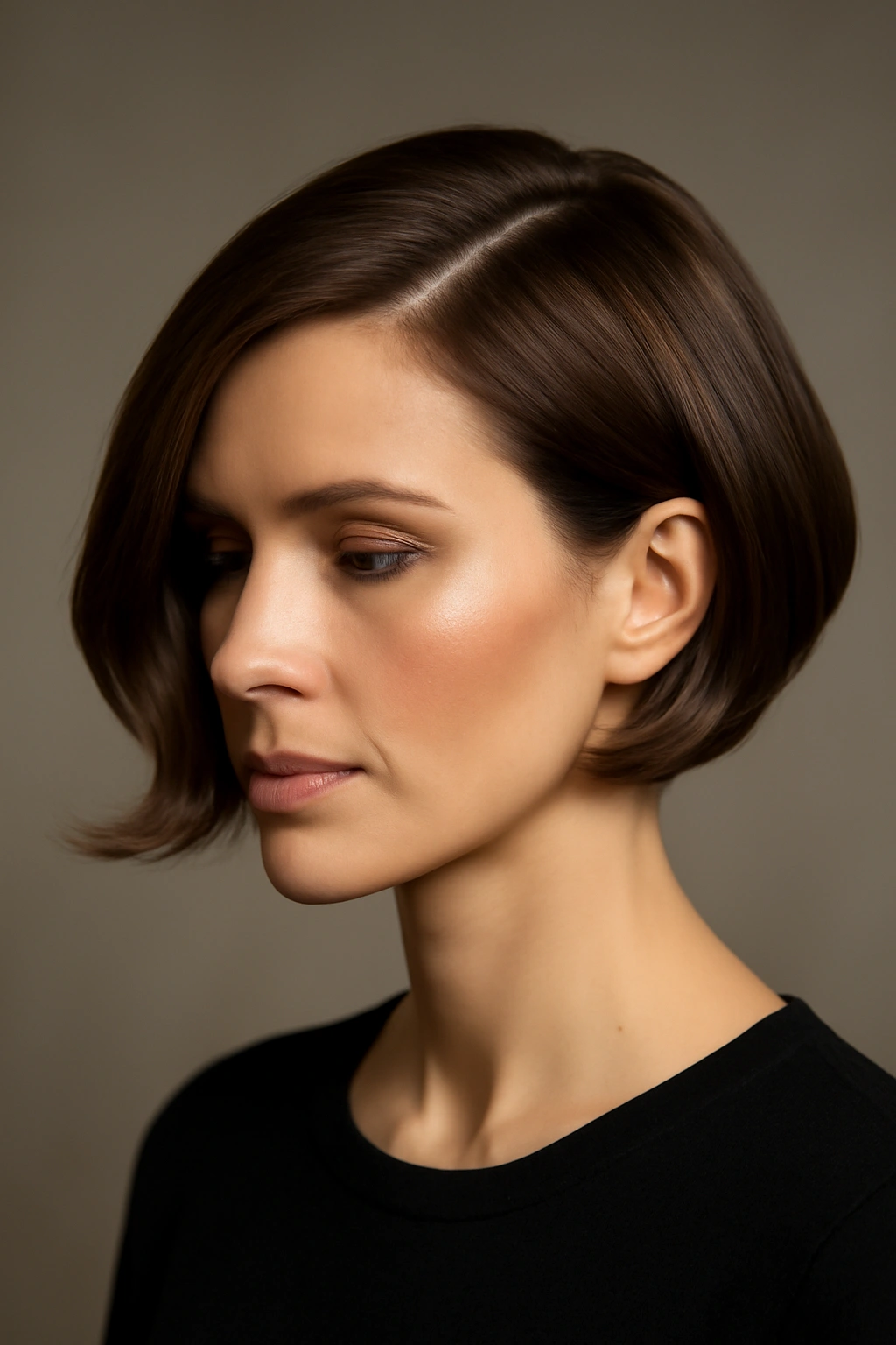 Chin-length bob with a dramatic deep side part and sweeping profile