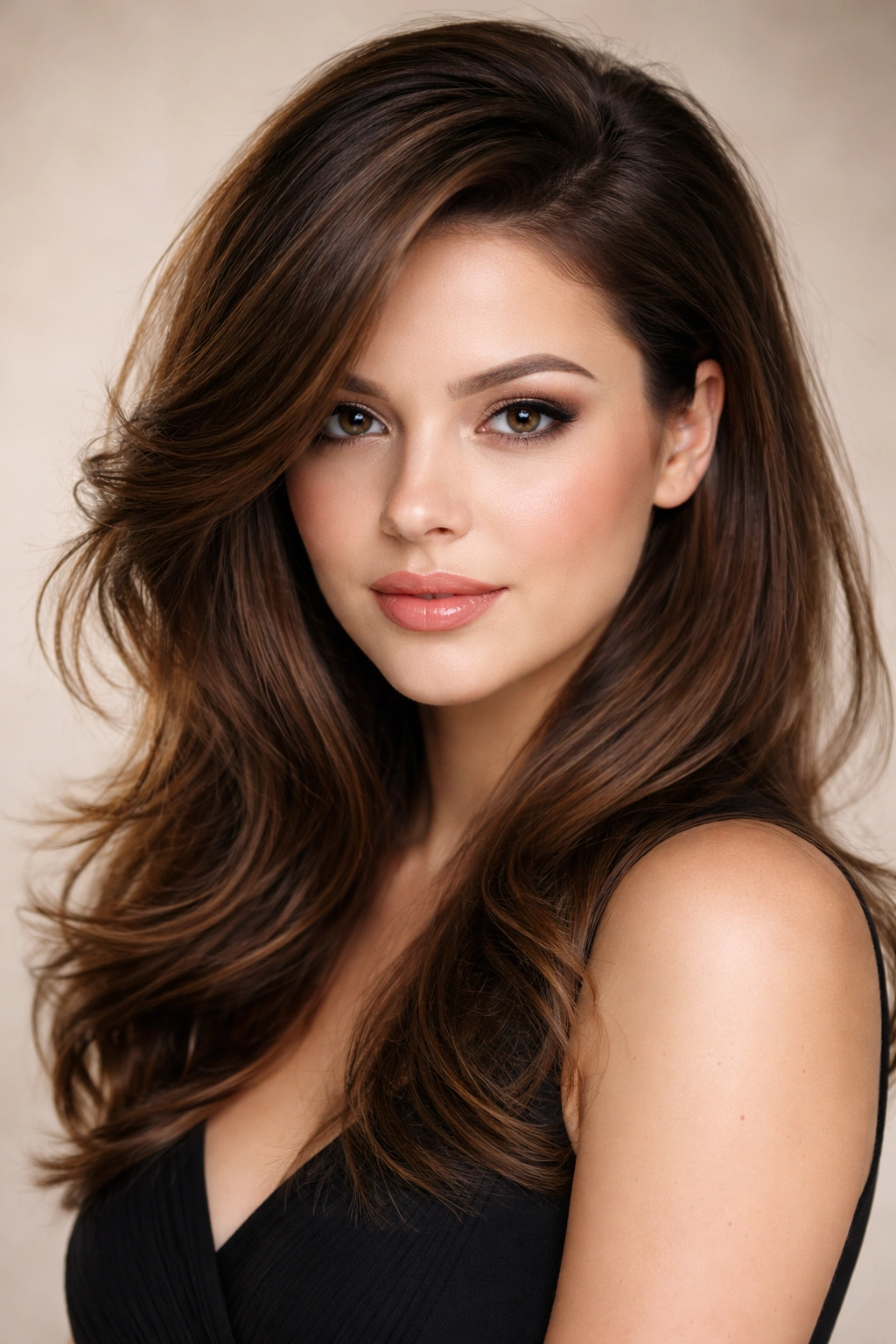 Portrait of a model with deep side part and crown volume for length illusion.