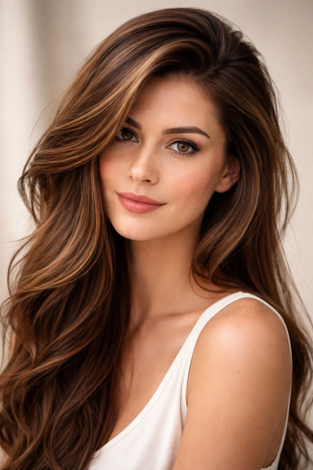Deep side part with crown volume hairstyle on model, emphasizing width for long faces