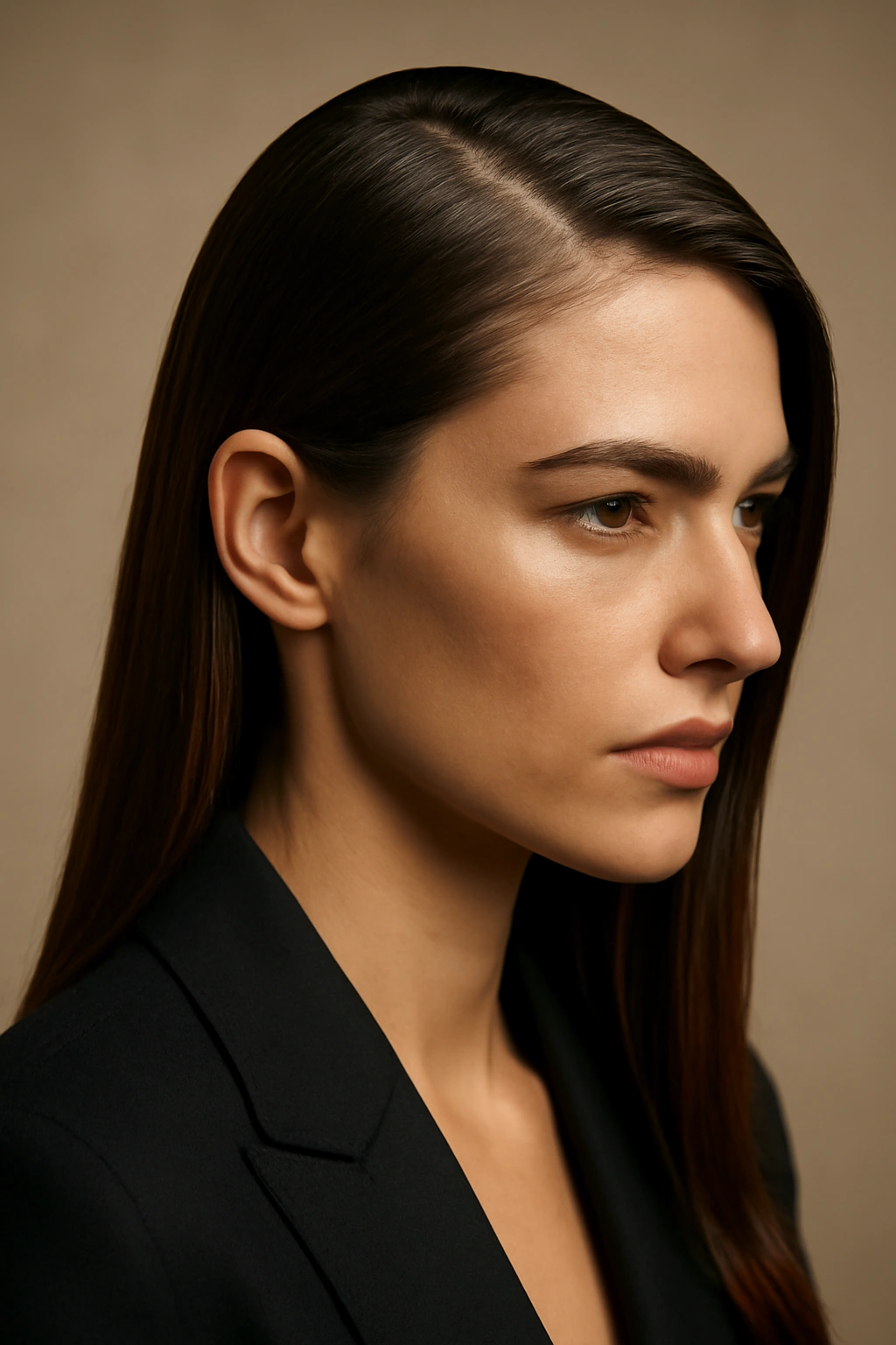 Close-up of Deep Side Part hairstyle with a bold diagonal part in a blazer-ready portrait