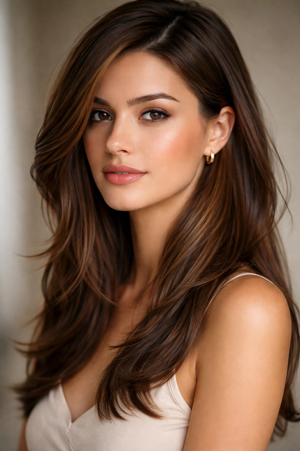 Deep side part with layers framing cheekbones