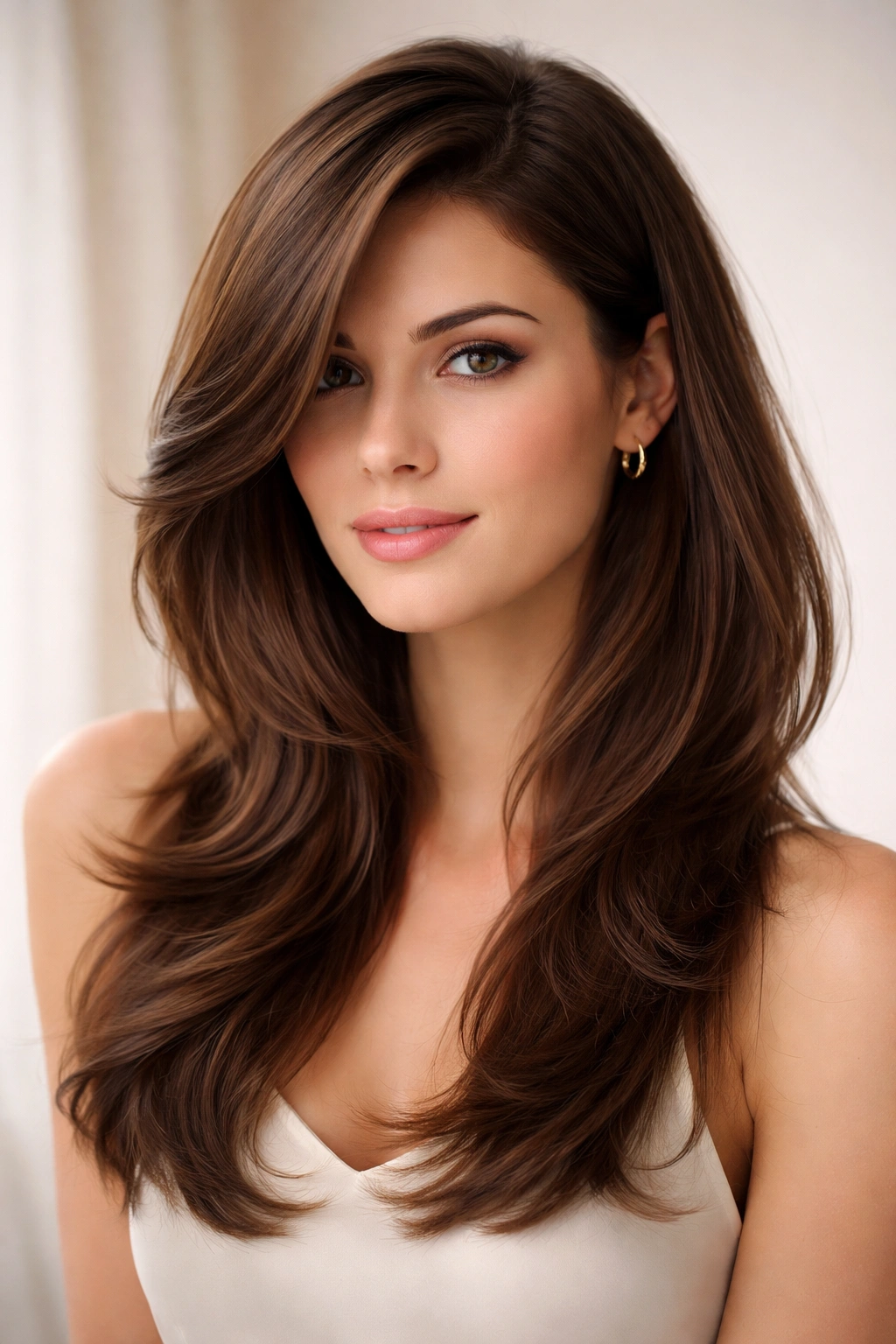 Deep side part with face-framing layers highlighting width at the cheekbones.