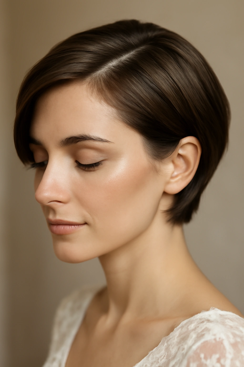 Deep side part with tucked layers on short hair, polished bridal look.
