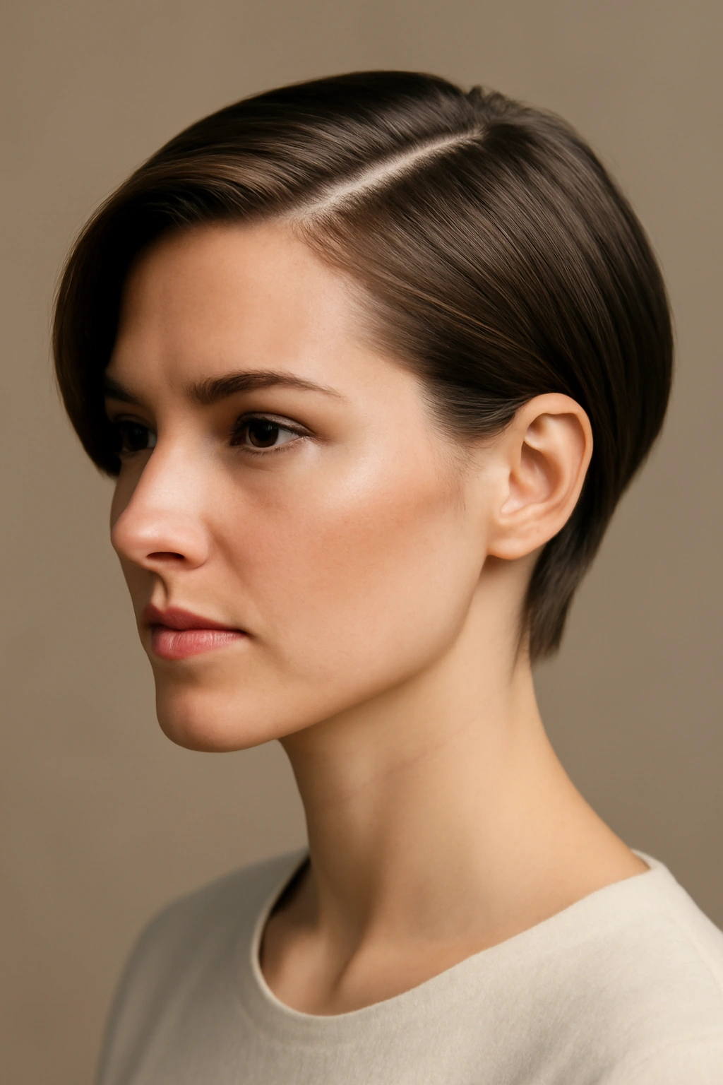 Close-up of a short hairstyle with a deep side part and tucked section behind the ear.