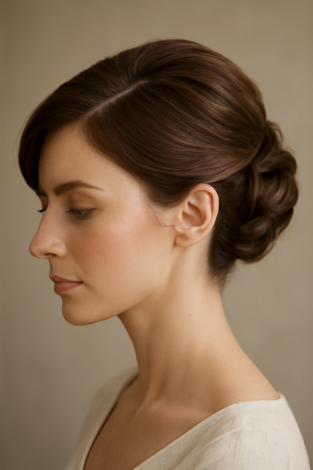 Deep curved side part swept into an elegant bridal updo