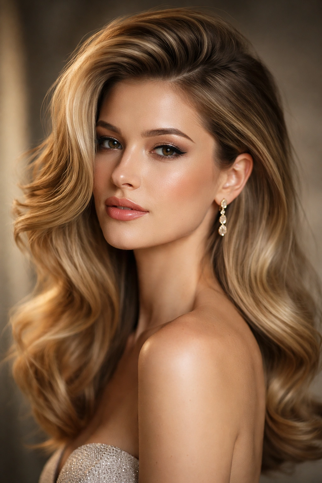 Hair with a deep side part and voluminous crown