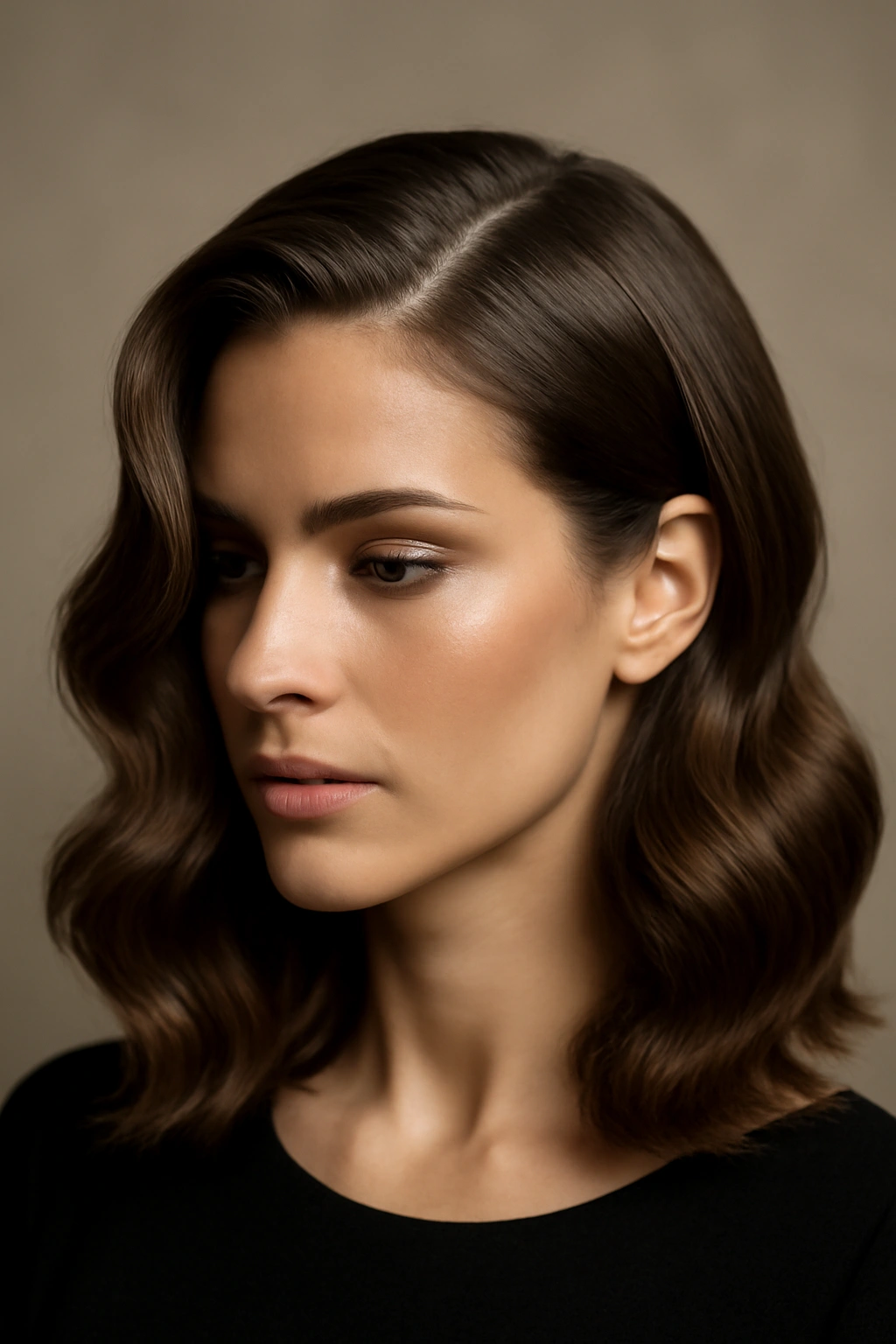 Close-up of a model with a deep side part and soft waves hairstyle