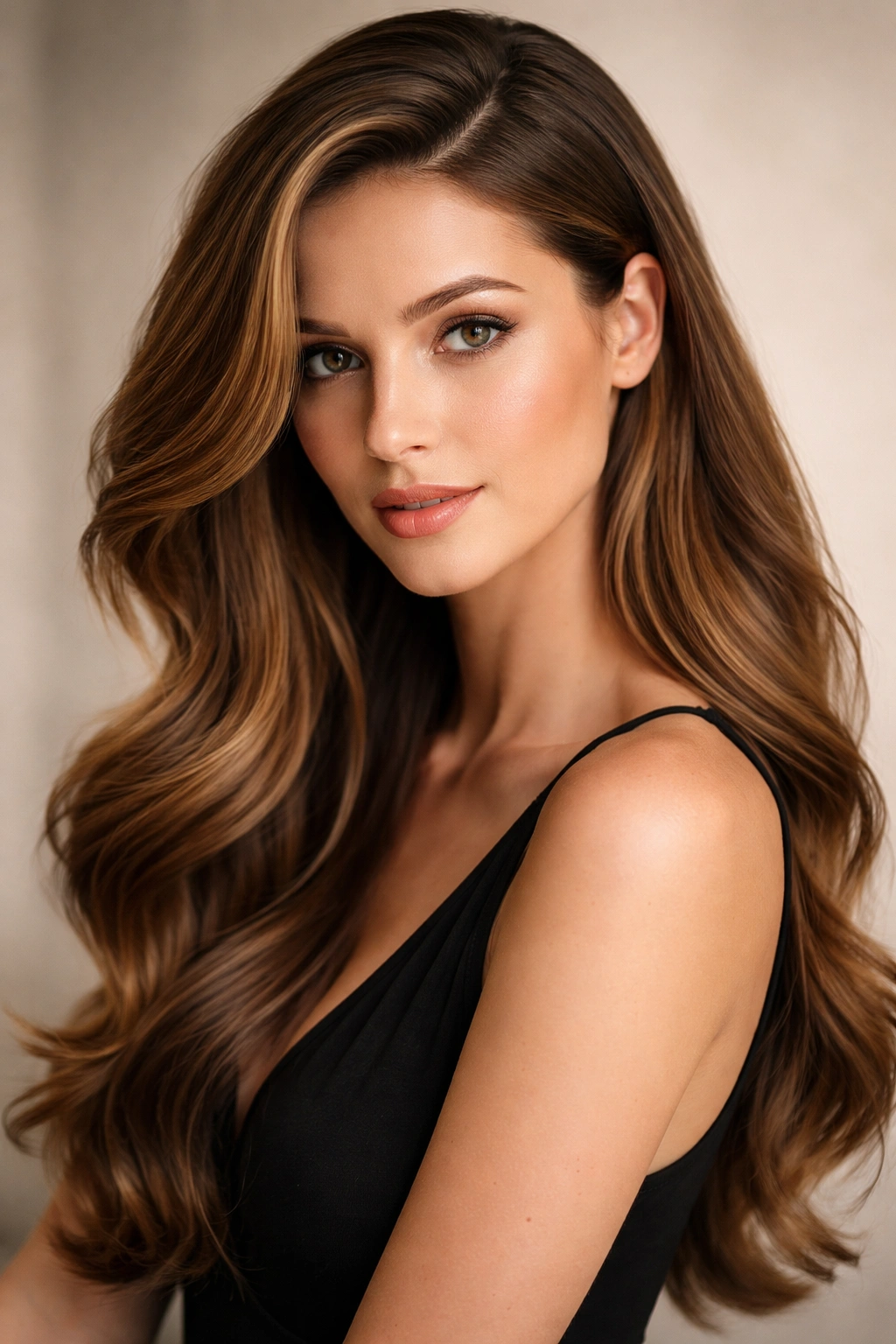 Hair with deep side part and waves creating width and dimension.