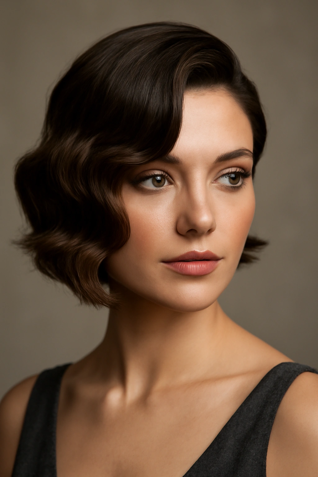 Dramatic deep side-swept waves on a short-to-medium hairstyle.