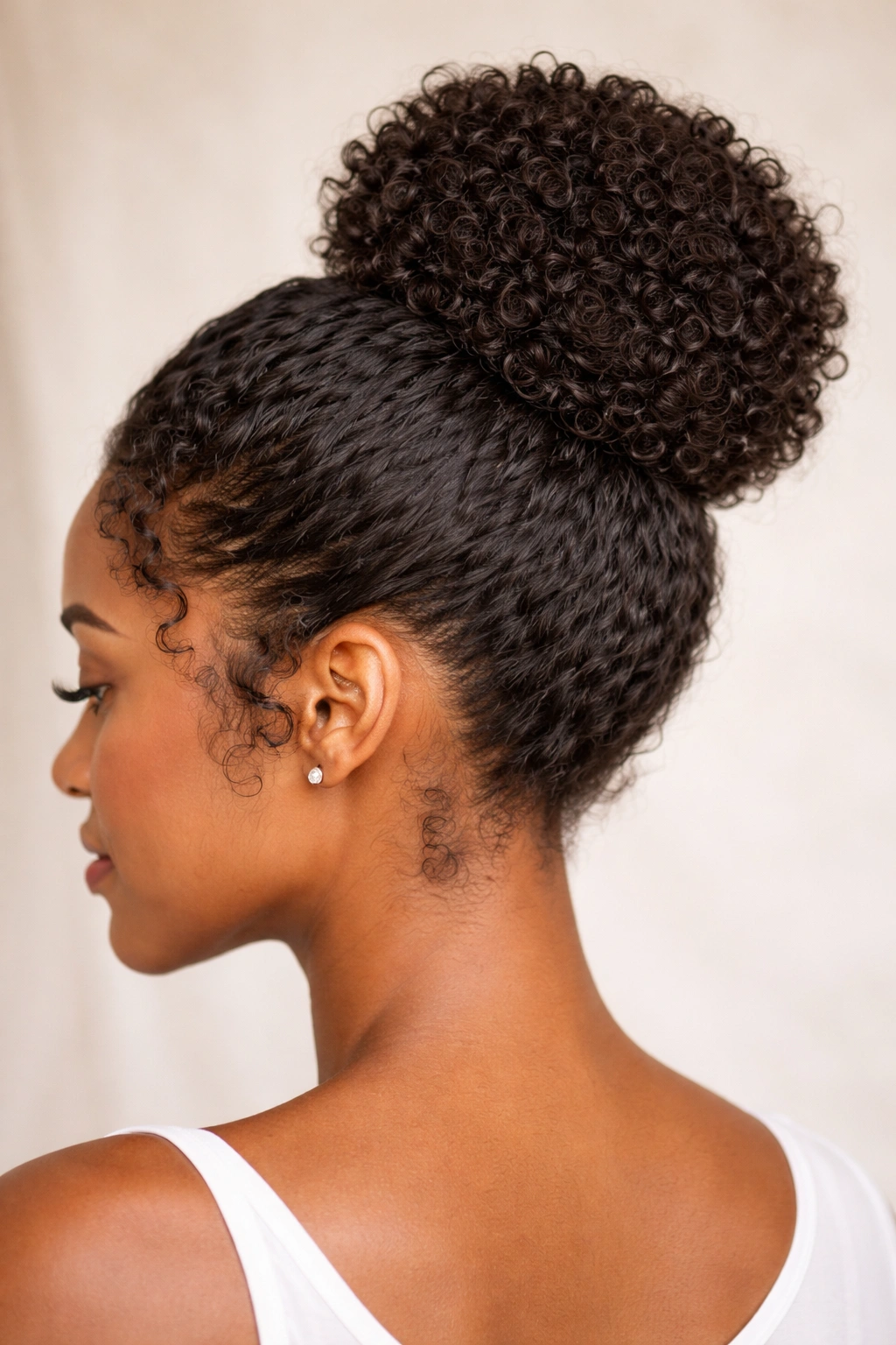 Close-up of curly hair formed into a defined bun with texture around edges