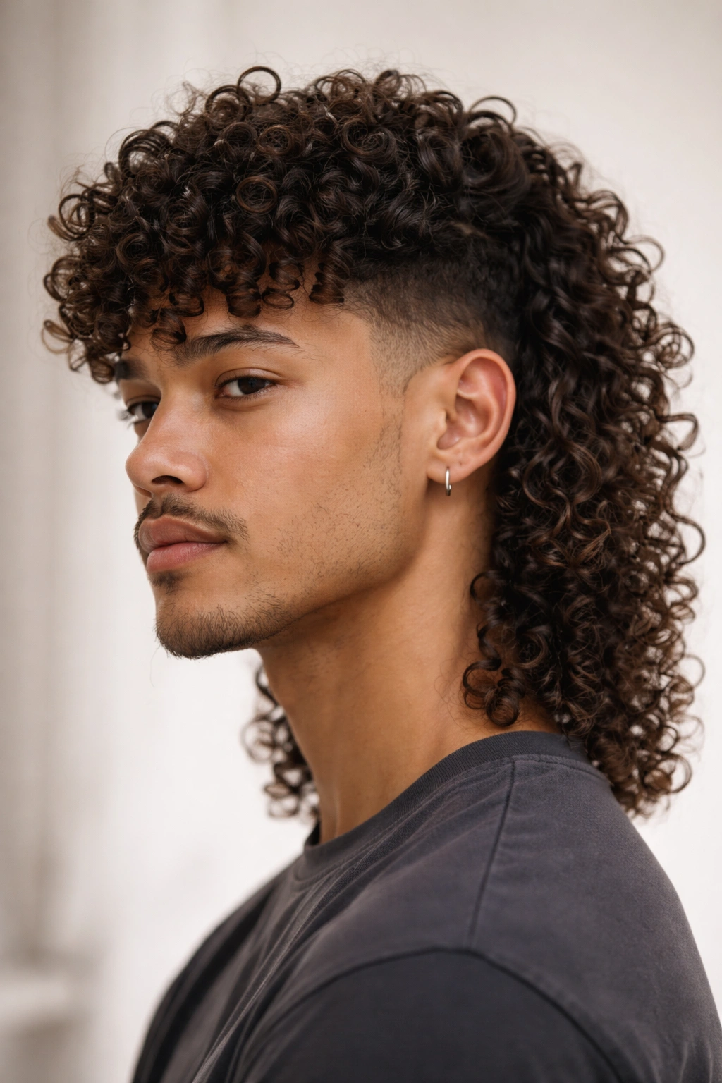 Close-up of a defined coil mullet with distinct, separated coils and visible ringlets.