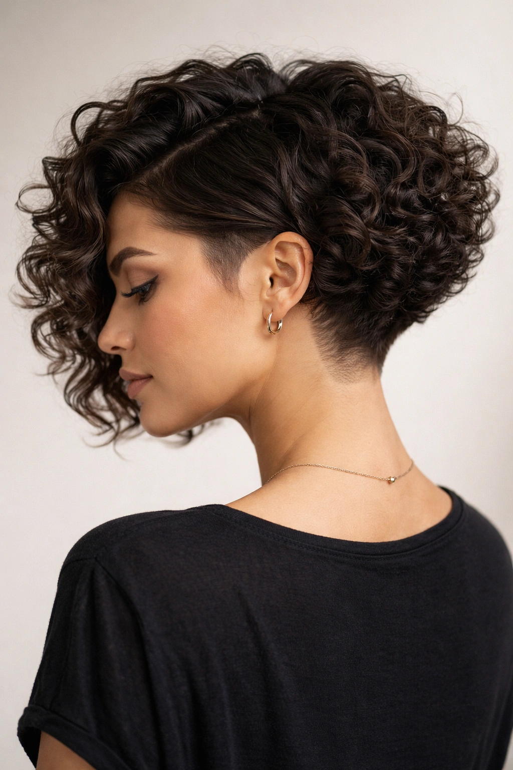Defined curl angled bob with visible undercut at the nape