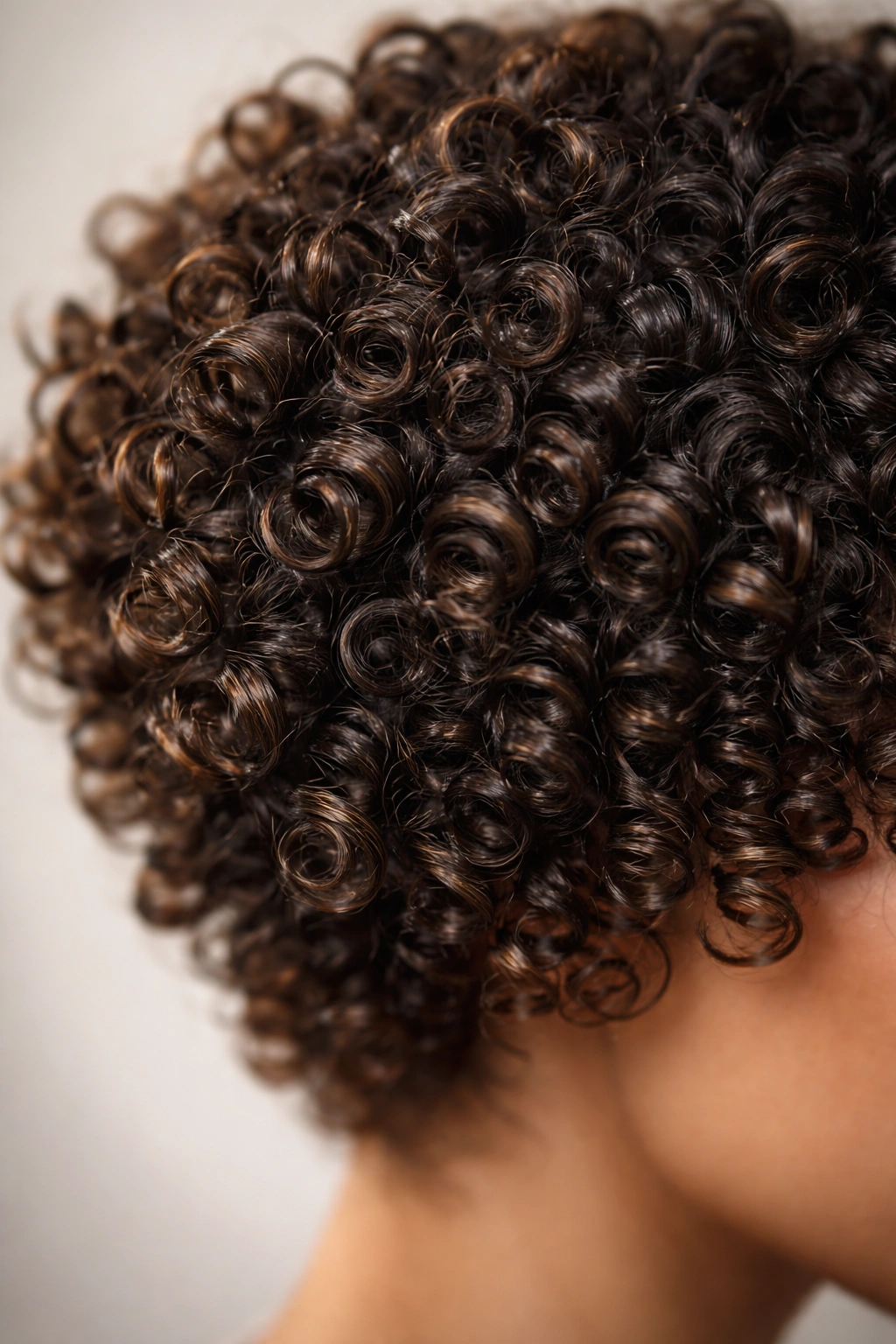 Extreme close-up of defined curls cut coil-by-coil on dry hair
