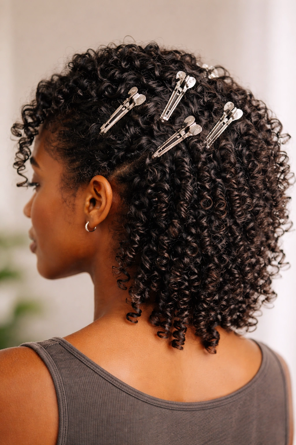 Close-up of defined curl clumps held by curl clips