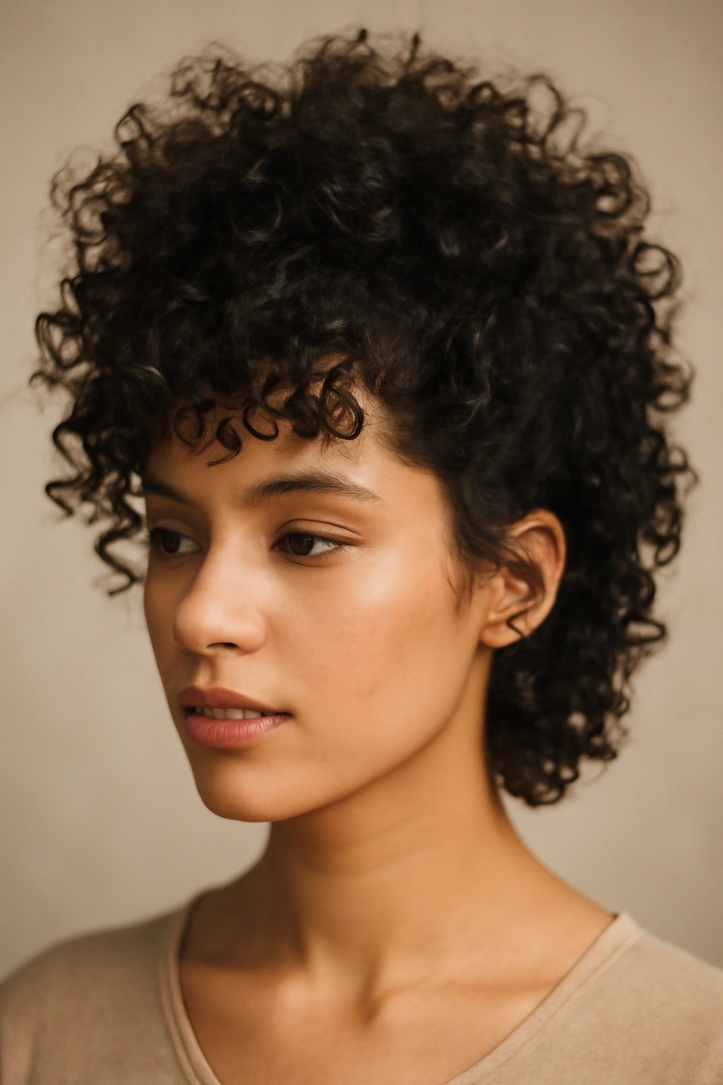 Close-up of voluminous crown curls with defined texture from scrunching