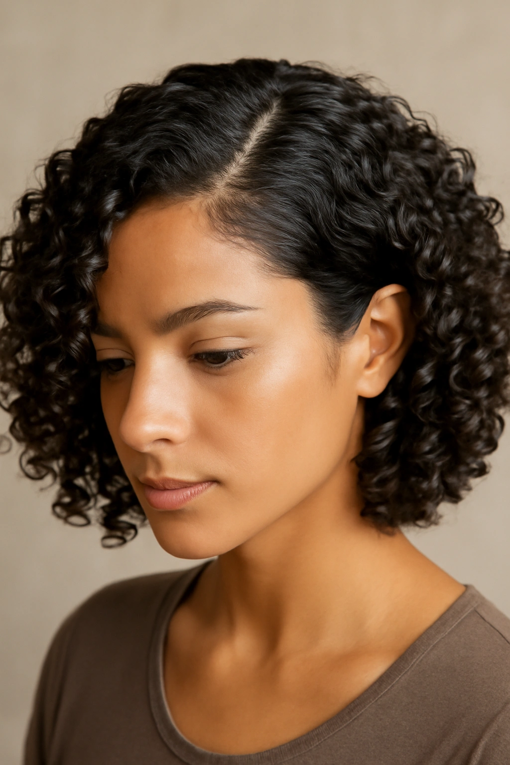 Three-quarter view of defined curls with a dramatic deep side part