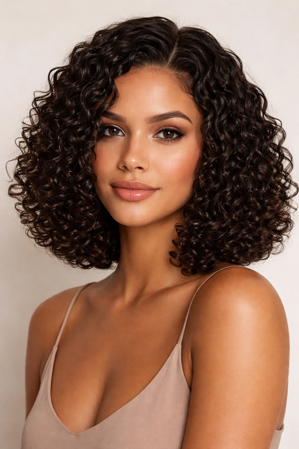 Sleek defined curly lob with distinct curls and polished look