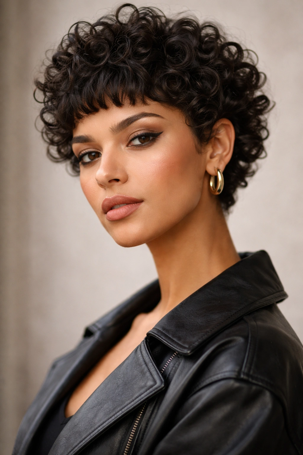 Portrait of defined curls with micro bangs in a short textured cut