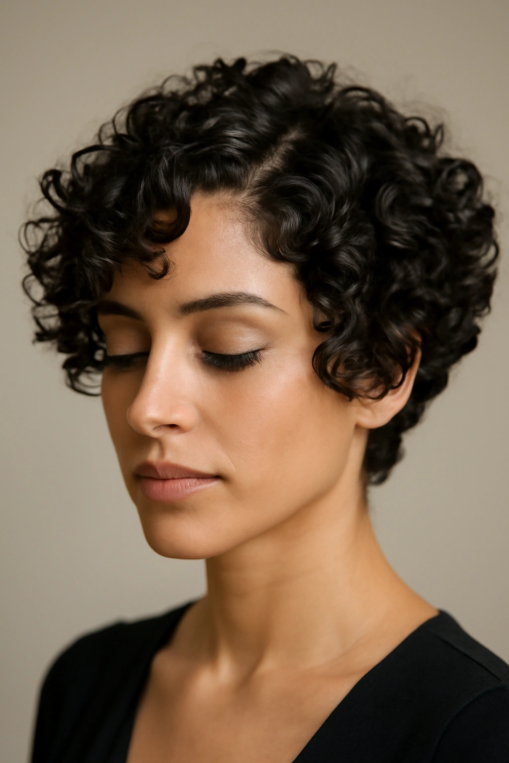 Close-cropped hairstyle with clearly defined separated curls