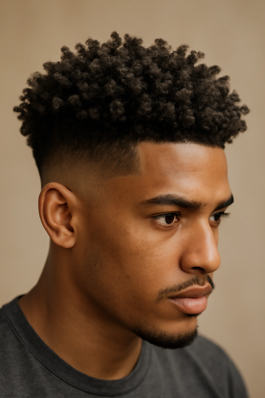 Close-up of a person with a sharp side fade and voluminous curled crown.