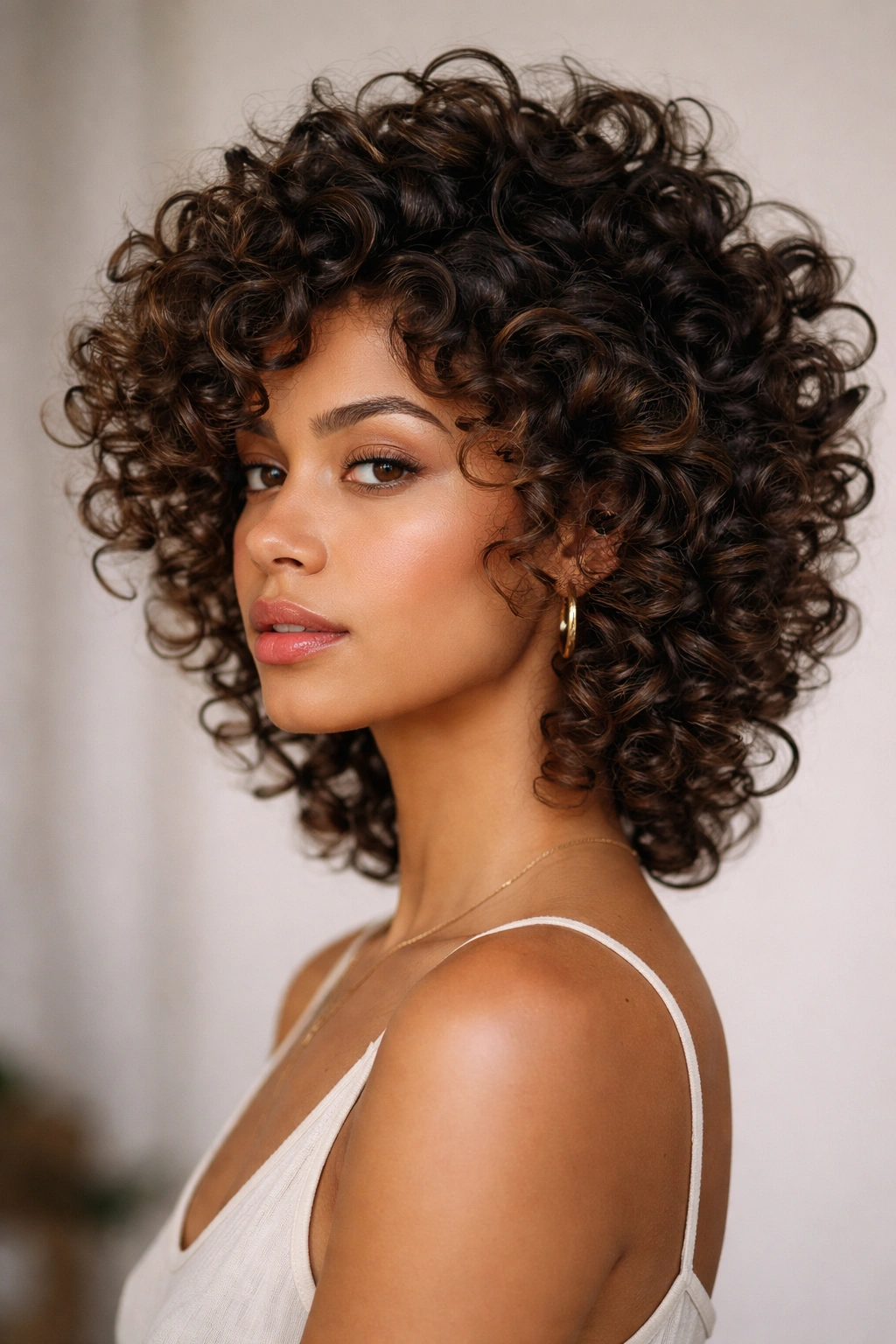 Sculpted curls showing clearly defined sections in a defined section curl cut