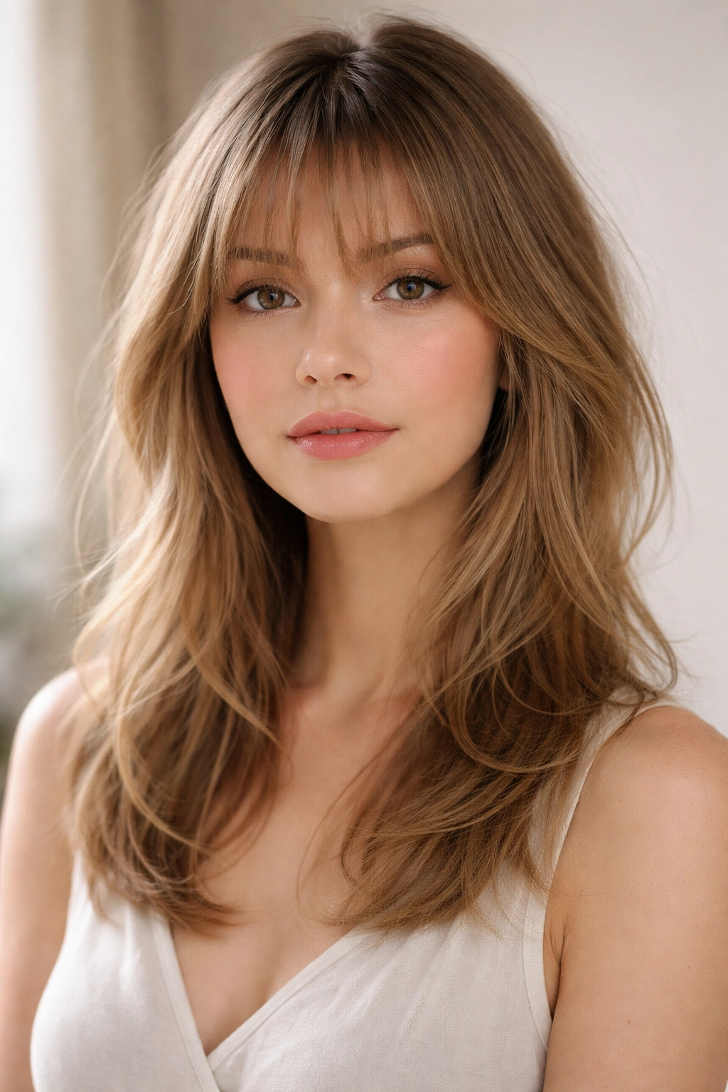 Close-up of wispy delicate bangs and light layers on medium-length hair
