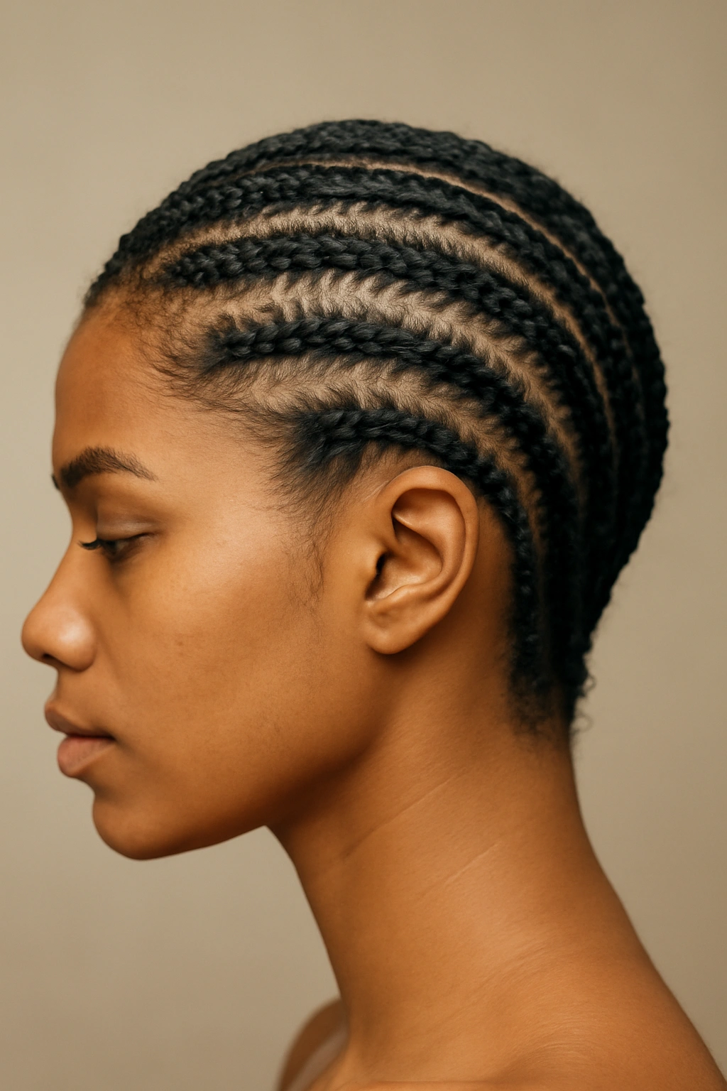 Side profile of diagonal cornrows running from temple to nape on short hair.